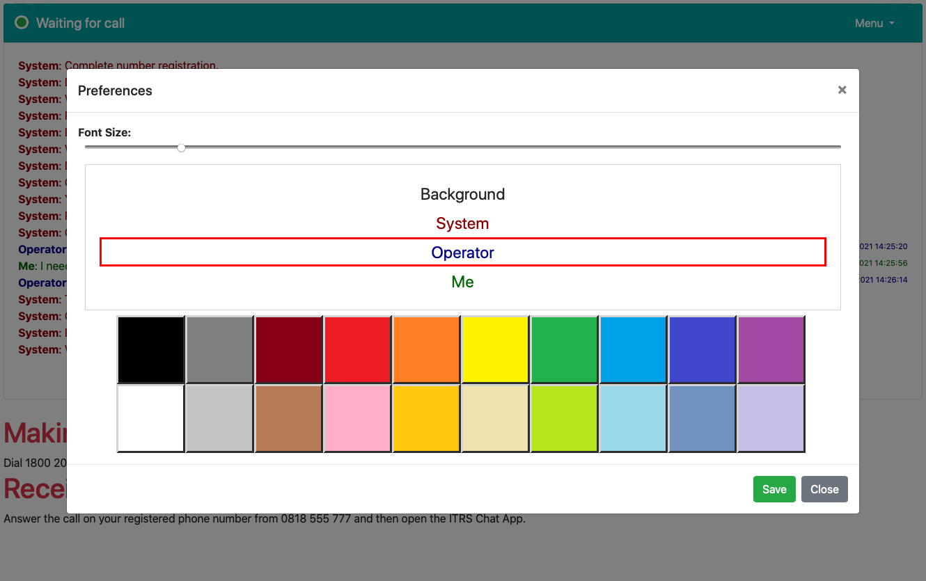 Screenshot showing colour options